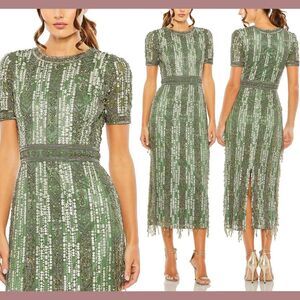 NWT Mac Duggal [ 14 ] 5980 High Neck Short Sleeve Crystal Fringe Dress Sage Gree
